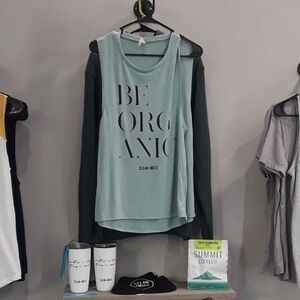 Clean Juice Merch Muscle Tank “Be Organic” Light Blue Green Ocean M
